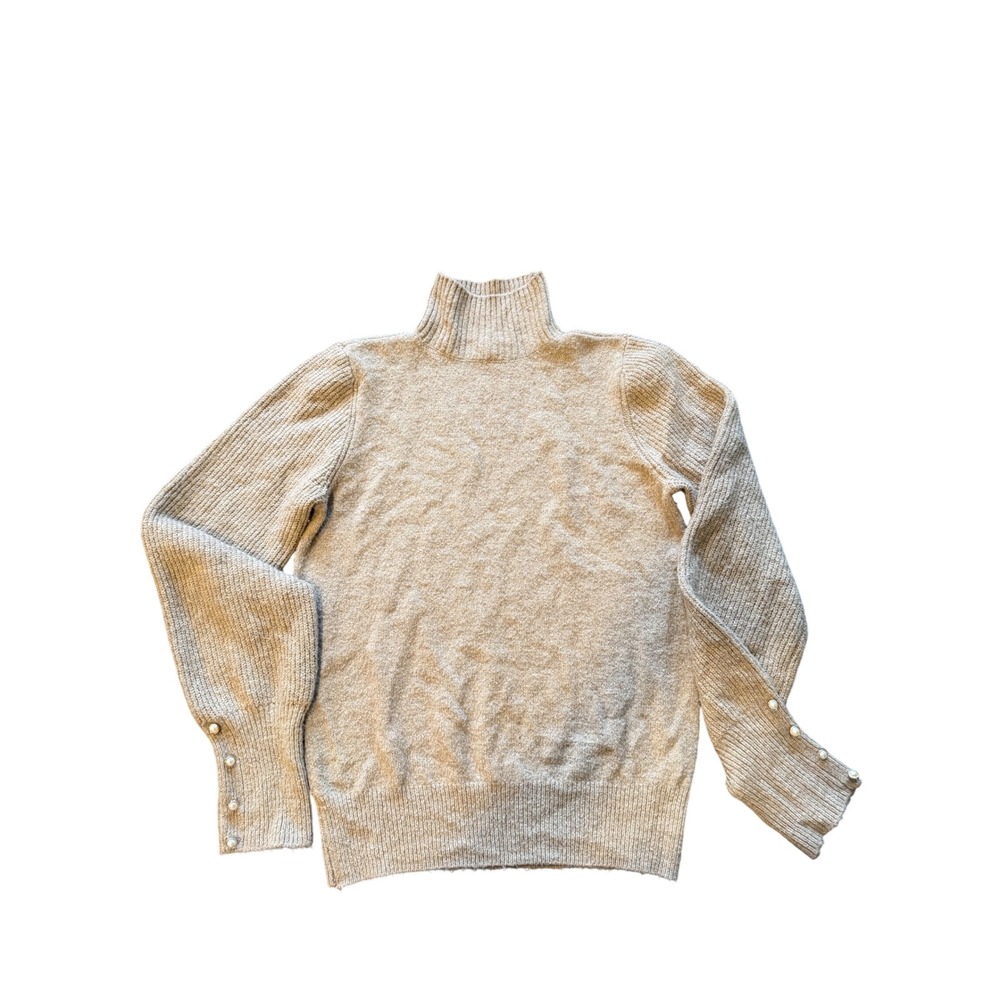 Scoop Womens Mock‎ Neck Pearl Cuff Ribbed Knit Sweater Oatmeal Beige Size M 8-10